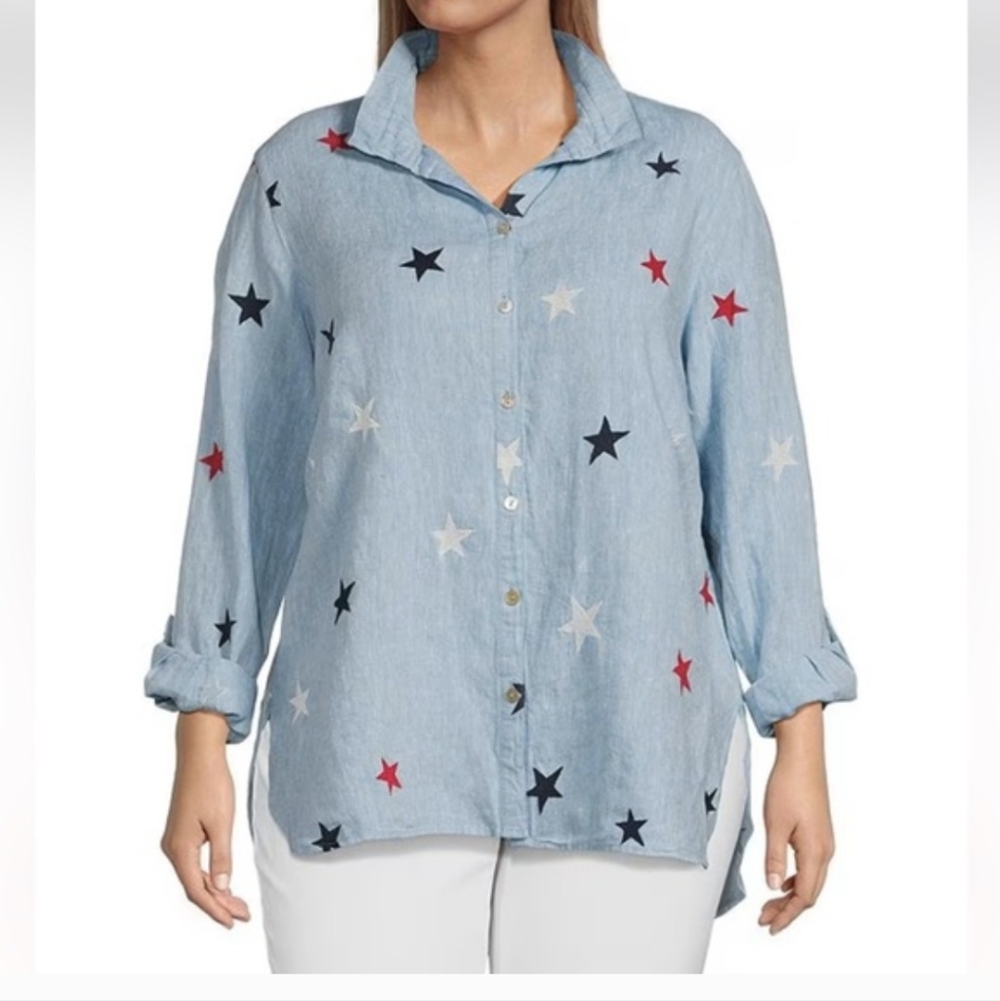 John Mark Embroidered Star Linen  Roll-Tab Sleeve Button Shirt Size Medium